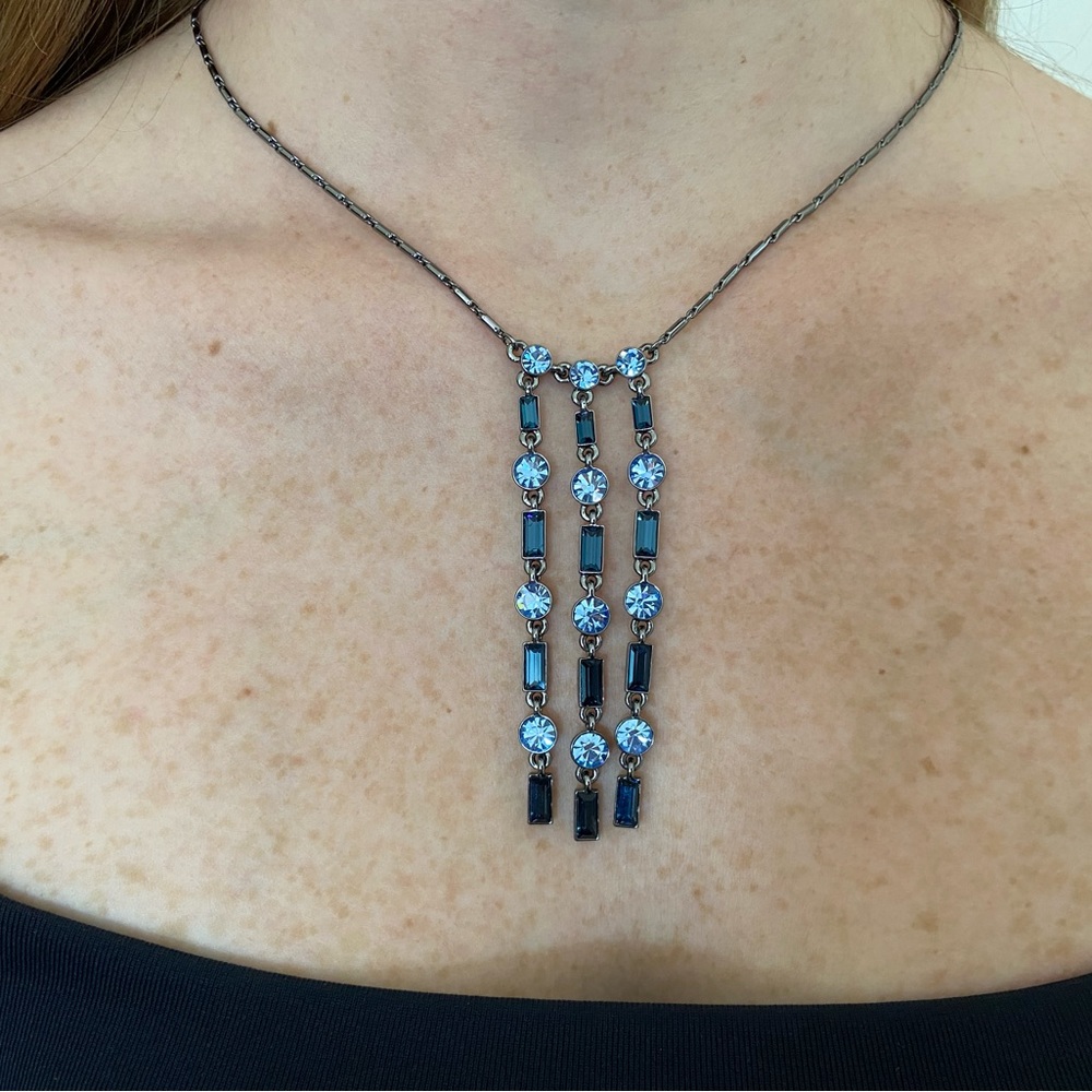 Givenchy gunmetal necklace with blue Swarovski, plus earrings